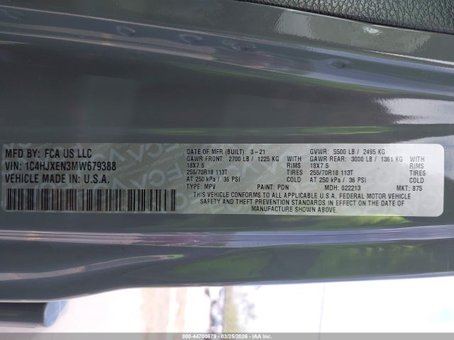 Aukcja sprzedaży 2021 Jeep Wrangler Unlimited Sahara 4x4, vin: 1C4HJXEN3MW679388, numer aukcji: 44700679