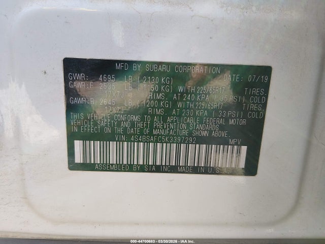 Aukcja sprzedaży 2019 Subaru Outback 2.5i Premium, vin: 4S4BSAFC5K3397292, numer aukcji: 44700683