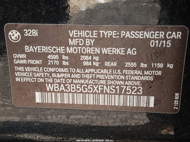 2015 Bmw 328i Xdrive მანქანა იყიდება აუქციონზე, vin: WBA3B5G5XFNS17523, აუქციონის ნომერი: 44700701