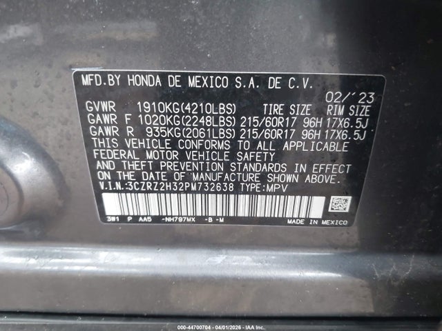 3CZRZ2H32PM732638 Honda Hr-v Awd Lx