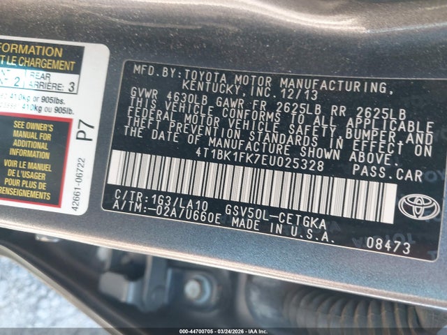 4T1BK1FK7EU025328 Toyota Camry Xle V6