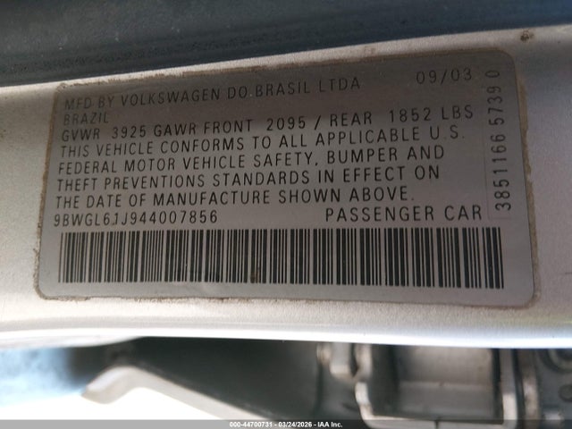 2004 Volkswagen Golf Gls 2.0l მანქანა იყიდება აუქციონზე, vin: 9BWGL61J944007856, აუქციონის ნომერი: 44700731