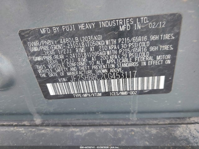 2012 Subaru Forester 2.5x მანქანა იყიდება აუქციონზე, vin: JF2SHBBC2CG453117, აუქციონის ნომერი: 44700741