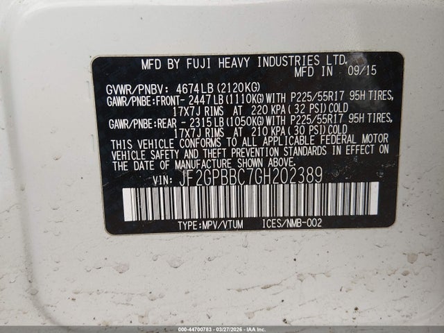 44700783 :رقم المزاد ، JF2GPBBC7GH202389 vin ، 2016 Subaru Crosstrek Hybrid مزاد بيع
