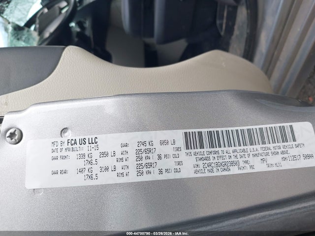 2016 Chrysler Town & Country Touring მანქანა იყიდება აუქციონზე, vin: 2C4RC1BGXGR238503, აუქციონის ნომერი: 44700790