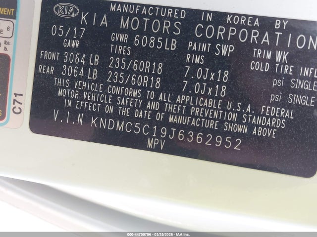 2018 Kia Sedona Ex მანქანა იყიდება აუქციონზე, vin: KNDMC5C19J6362952, აუქციონის ნომერი: 44700796