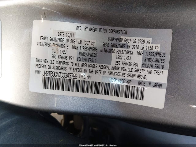 44700827 :رقم المزاد ، JM3TB3CA7C0343798 vin ، 2012 Mazda Cx-9 Touring مزاد بيع