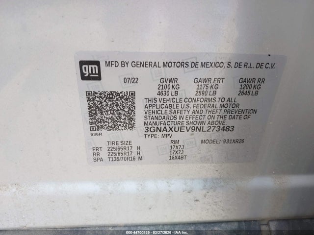 3GNAXUEV9NL273483 Chevrolet Equinox Awd Lt