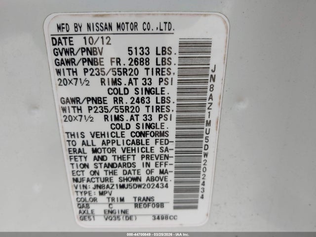 Aukcja sprzedaży 2013 Nissan Murano Le, vin: JN8AZ1MU5DW202434, numer aukcji: 44700849