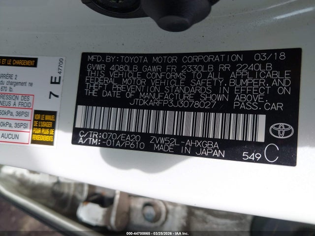 Aukcja sprzedaży 2018 Toyota Prius Prime Premium, vin: JTDKARFP3J3078027, numer aukcji: 44700865