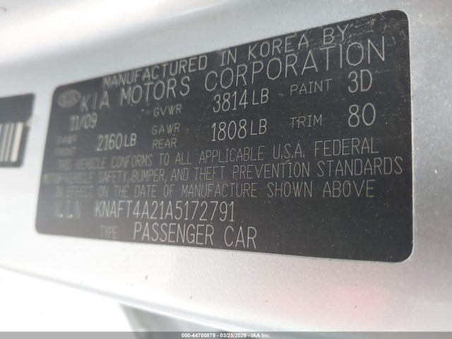 44700879 :رقم المزاد ، KNAFT4A21A5172791 vin ، 2010 Kia Forte Lx مزاد بيع