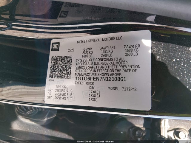 Aukcja sprzedaży 2022 Gmc Canyon, vin: 1GTG6FEN7N1210861, numer aukcji: 44700885