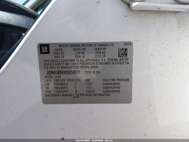 Chevrolet EQUINOX 1LT 2014 2GNALBEK2E6250671 Image 9