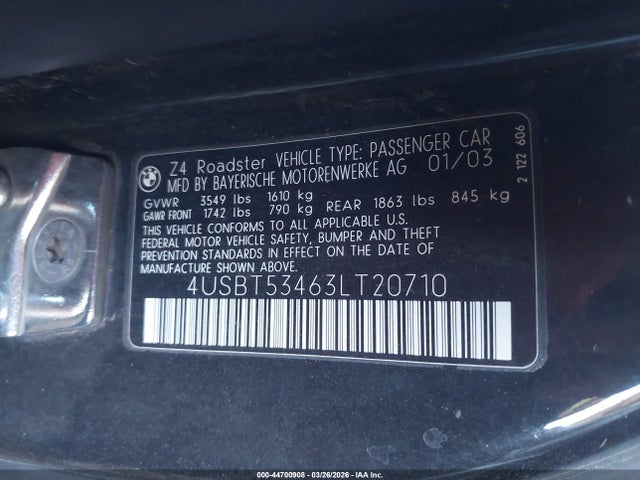 Aukcja sprzedaży 2003 Bmw Z4 3.0i, vin: 4USBT53463LT20710, numer aukcji: 44700908