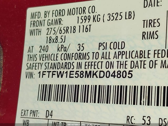 1FTFW1E58MKD04805 Ford F-150 Xlt