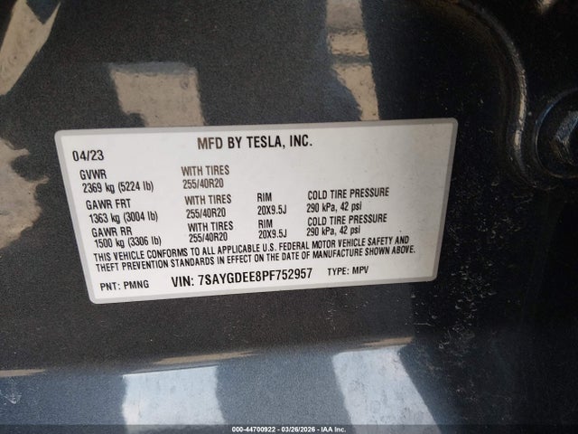 Aukcja sprzedaży 2023 Tesla Model Y, vin: 7SAYGDEE8PF752957, numer aukcji: 44700922