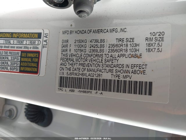 5J6RW2H8XLA021281 Honda Cr-v Awd Ex-l