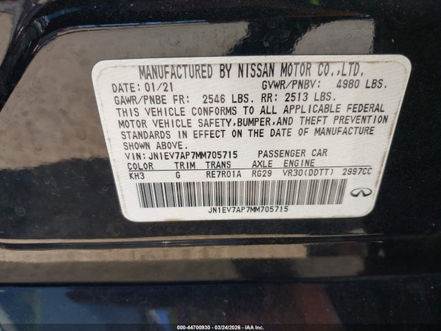 Aukcja sprzedaży 2021 Infiniti Q50 Pure, vin: JN1EV7AP7MM705715, numer aukcji: 44700930
