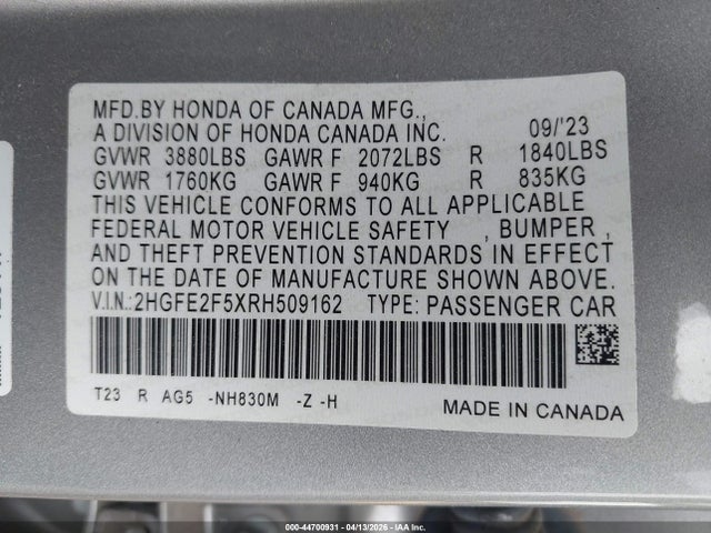 Продаж на аукціоні авто 2024 Honda Civic Sport, vin: 2HGFE2F5XRH509162, номер лоту: 44700931