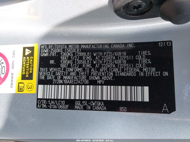 44700939 :رقم المزاد ، 2T2BK1BAXEC242706 vin ، 2014 Lexus Rx 350 مزاد بيع