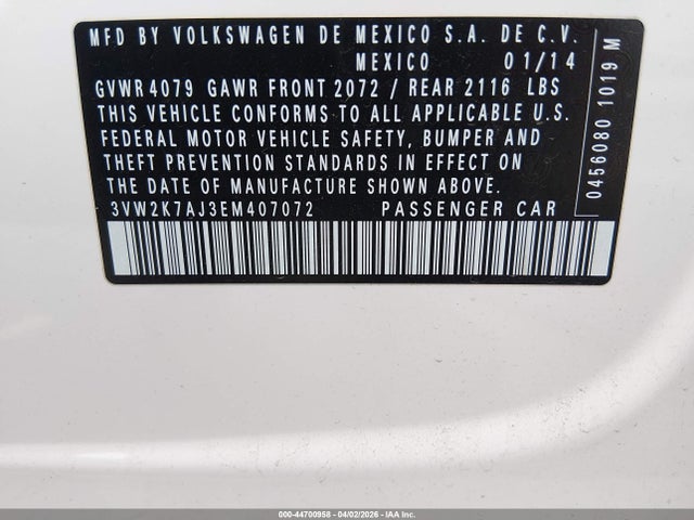 2014 Volkswagen Jetta 2.0l S მანქანა იყიდება აუქციონზე, vin: 3VW2K7AJ3EM407072, აუქციონის ნომერი: 44700958