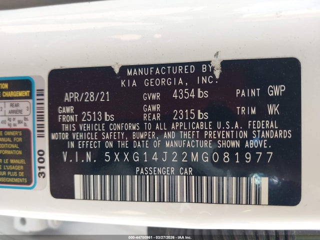 Продажа на аукционе авто 2021 Kia K5 Lxs, vin: 5XXG14J22MG081977, номер лота: 44700961