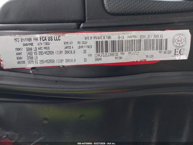 2018 Jeep Grand Cherokee Srt მანქანა იყიდება აუქციონზე, vin: 1C4RJFDJ5JC499193, აუქციონის ნომერი: 44700965