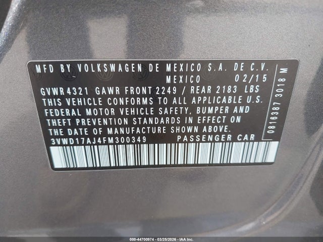 Aukcja sprzedaży 2015 Volkswagen Jetta 1.8t Se, vin: 3VWD17AJ4FM300349, numer aukcji: 44700974