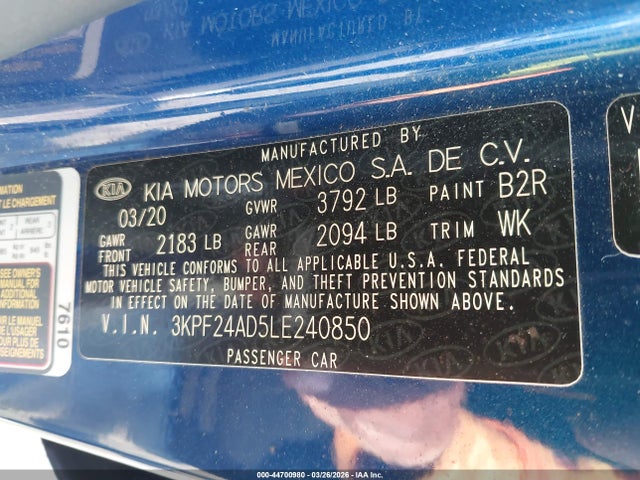44700980 :رقم المزاد ، 3KPF24AD5LE240850 vin ، 2020 Kia Forte Lxs مزاد بيع