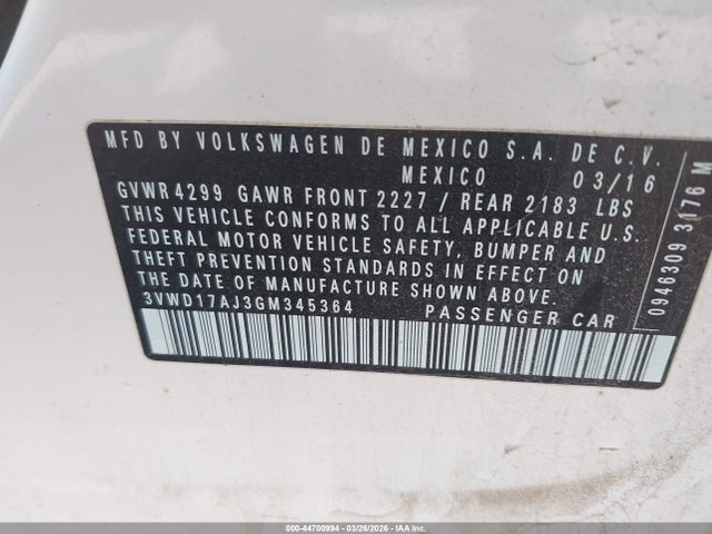 2016 Volkswagen Jetta 1.8t Sport მანქანა იყიდება აუქციონზე, vin: 3VWD17AJ3GM345364, აუქციონის ნომერი: 44700994