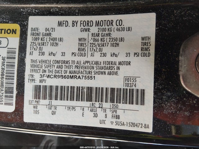 Aukcja sprzedaży 2021 Ford Bronco Sport Big Bend, vin: 3FMCR9B60MRA75551, numer aukcji: 44701010