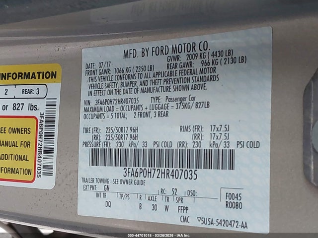 44701018 :رقم المزاد ، 3FA6P0H72HR407035 vin ، 2017 Ford Fusion Se مزاد بيع