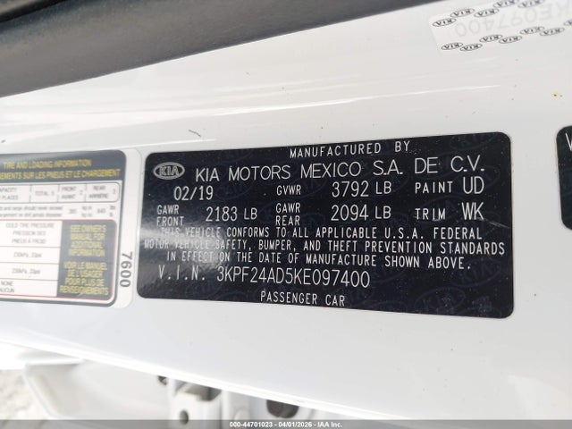 44701023 :رقم المزاد ، 3KPF24AD5KE097400 vin ، 2019 Kia Forte Fe مزاد بيع