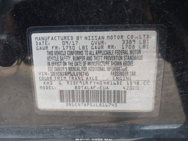 Продажа на аукционе авто 2018 Nissan Versa 1.6 S, vin: 3N1CN7AP5JL816745, номер лота: 44701027