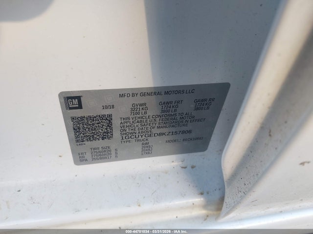Продаж на аукціоні авто 2019 Chevrolet Silverado 1500 Ltz, vin: 1GCUYGED8KZ157806, номер лоту: 44701034