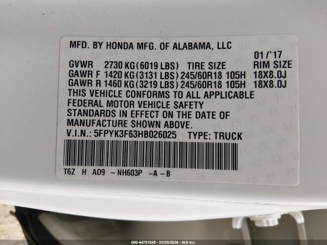 44701045 :رقم المزاد ، 5FPYK3F63HB026025 vin ، 2017 Honda Ridgeline Rtl-t مزاد بيع