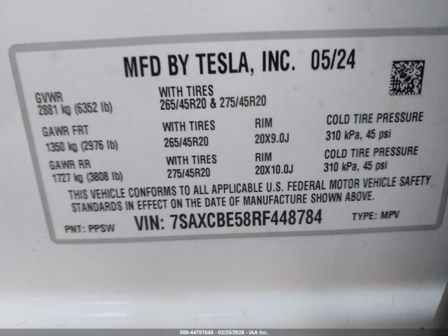 Продаж на аукціоні авто 2024 Tesla Model X Long Range, vin: 7SAXCBE58RF448784, номер лоту: 44701048
