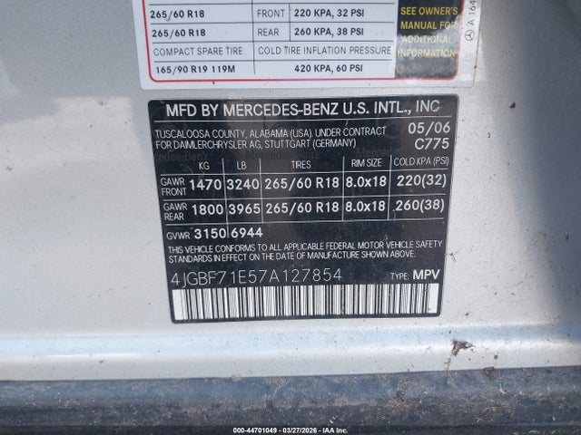 44701049 :رقم المزاد ، 4JGBF71E57A127854 vin ، 2007 Mercedes-benz Gl 450 4matic مزاد بيع