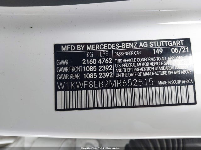 44701058 :رقم المزاد ، W1KWF8EB2MR652515 vin ، 2021 Mercedes-benz C 300 4matic مزاد بيع