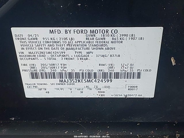 Продаж на аукціоні авто 2021 Ford Ecosport Titanium, vin: MAJ3S2KE5MC424599, номер лоту: 44701063