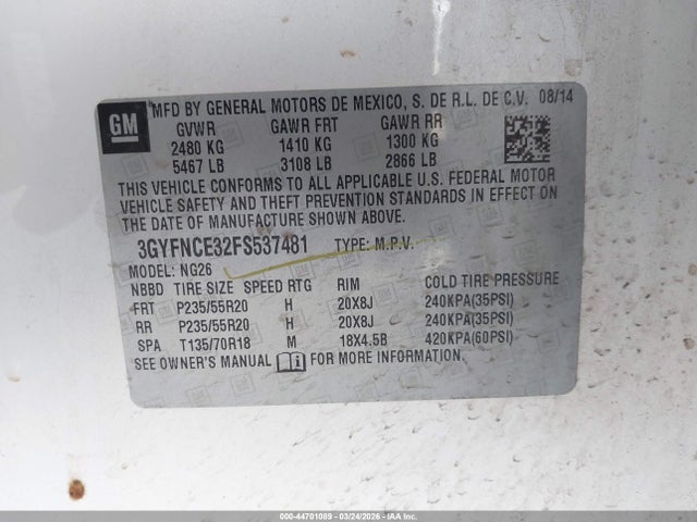 Продажа на аукционе авто 2015 Cadillac Srx Performance Collection, vin: 3GYFNCE32FS537481, номер лота: 44701089