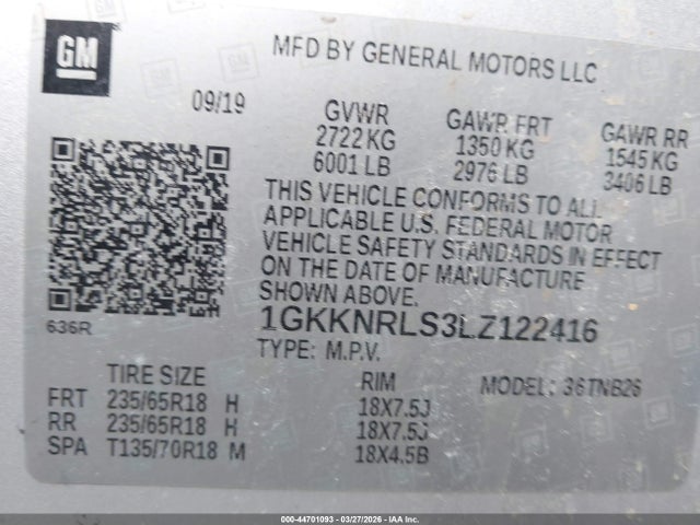 2020 Gmc Acadia Fwd Sle მანქანა იყიდება აუქციონზე, vin: 1GKKNRLS3LZ122416, აუქციონის ნომერი: 44701093