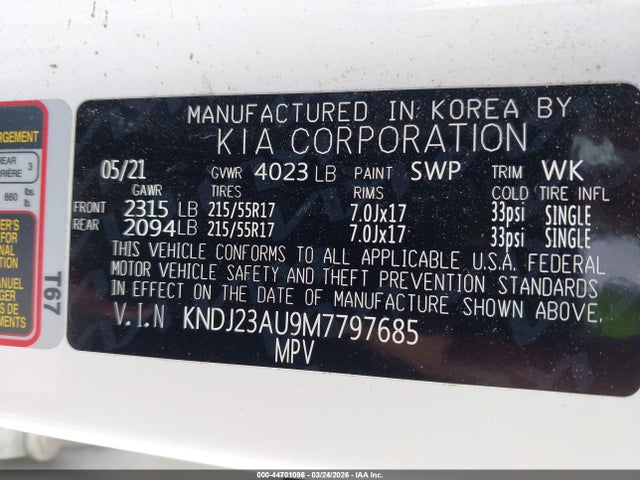 Aukcja sprzedaży 2021 Kia Soul S, vin: KNDJ23AU9M7797685, numer aukcji: 44701096