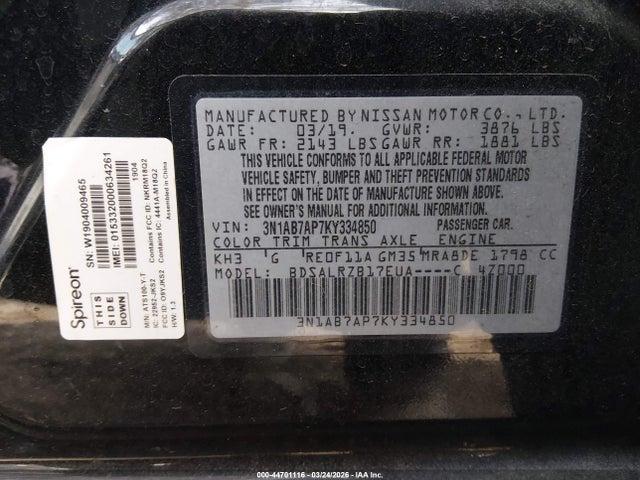 Продаж на аукціоні авто 2019 Nissan Sentra Sr, vin: 3N1AB7AP7KY334850, номер лоту: 44701116