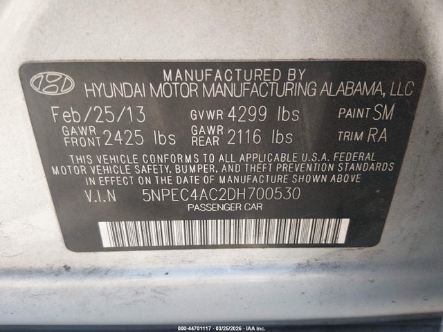 Продаж на аукціоні авто 2013 Hyundai Sonata Se, vin: 5NPEC4AC2DH700530, номер лоту: 44701117