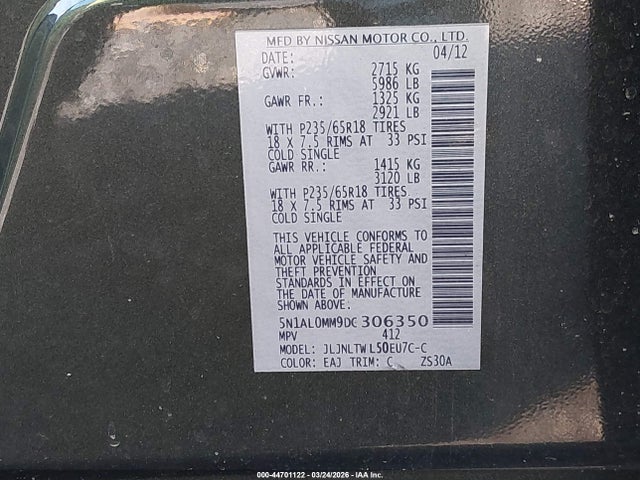 Продажа на аукционе авто 2013 Infiniti Jx35, vin: 5N1AL0MM9DC306350, номер лота: 44701122