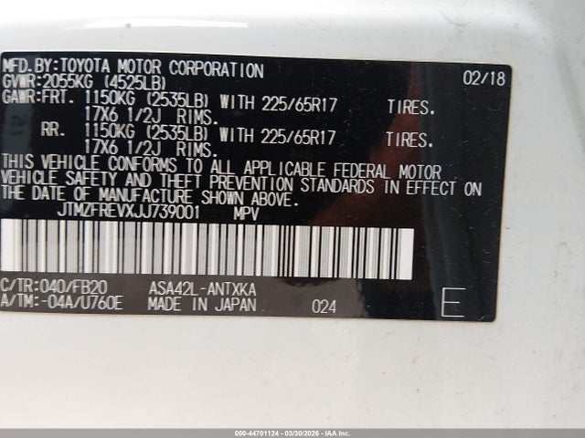 44701124 :رقم المزاد ، JTMZFREVXJJ739001 vin ، 2018 Toyota Rav4 Le مزاد بيع