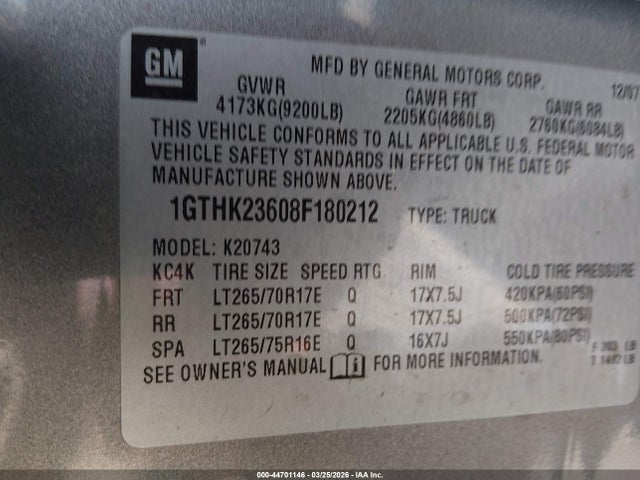 44701146 :رقم المزاد ، 1GTHK23608F180212 vin ، 2008 Gmc Sierra 2500hd Slt مزاد بيع