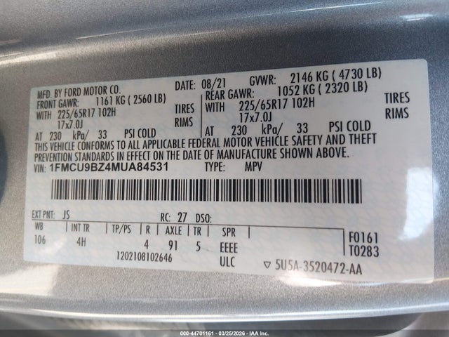 44701161 :رقم المزاد ، 1FMCU9BZ4MUA84531 vin ، 2021 Ford Escape Se Hybrid مزاد بيع