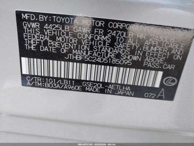 44701162 :رقم المزاد ، JTHBF5C24D5185095 vin ، 2013 Lexus Is 250 مزاد بيع